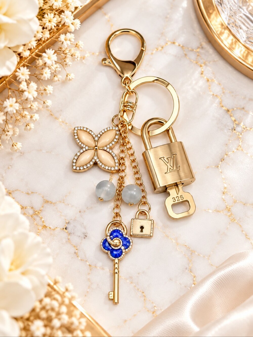Authentic Louis Vuitton Lock & Key with unbranded Flower Bagcharm, Keycharm